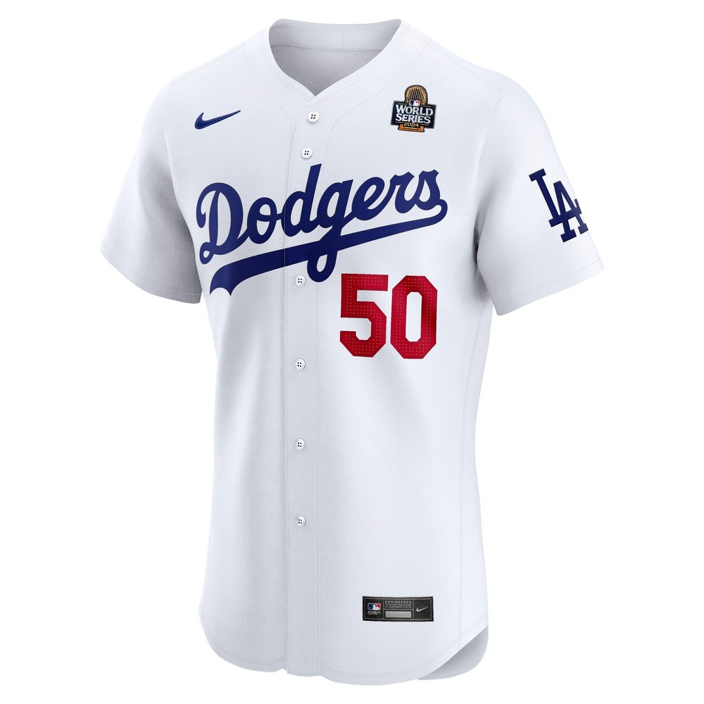 Men's Los Angeles Dodgers #50 Mookie Betts White 2024 World Series Home Elite Player Jersey