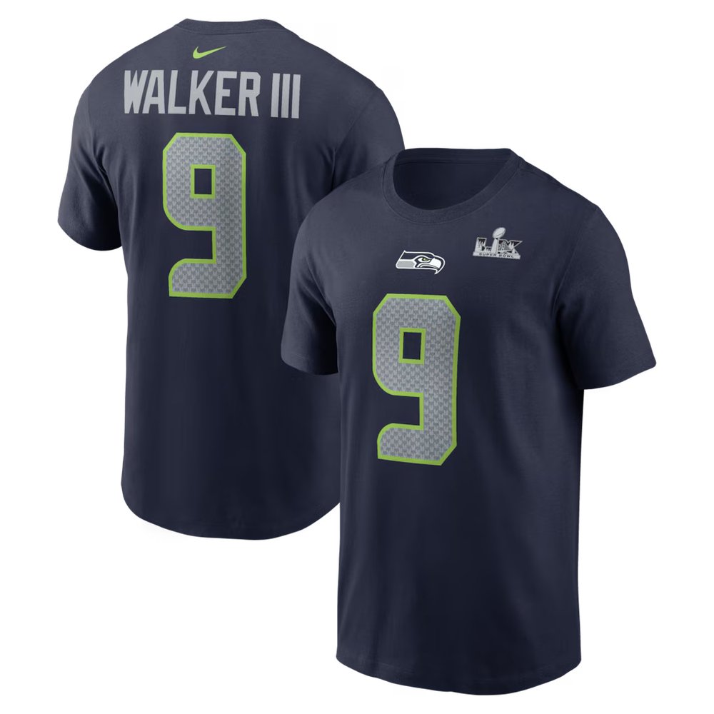 Men's Seattle Seahawks #9 Kenneth Walker III College Navy Super Bowl LX Patch Name & Number T-Shirt Men's Seattle Seahawks #9 Kenneth Walker III College Navy Super Bowl LX Patch Name & Number T-Shirt