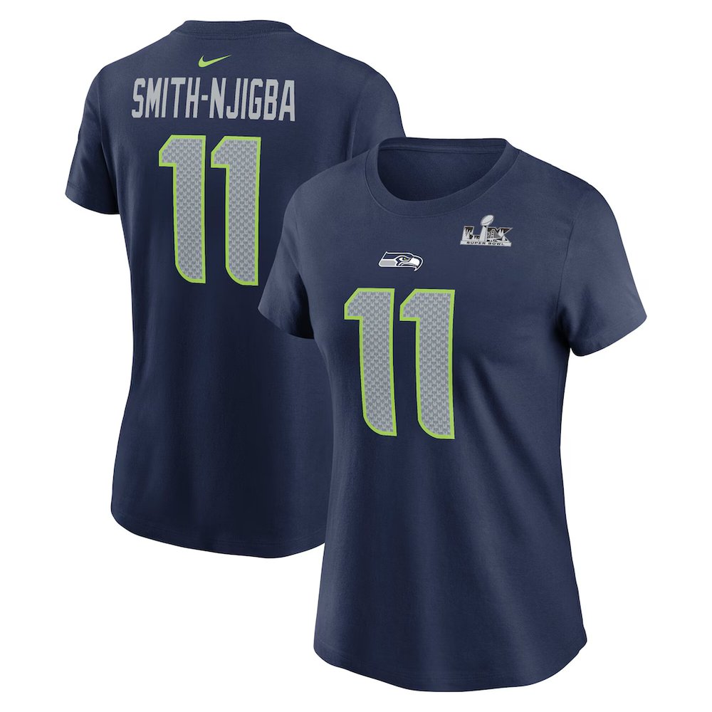 Women's Seattle Seahawks #11 Jaxon Smith-Njigba College Navy Super Bowl LX Patch Name & Number T-Shirt