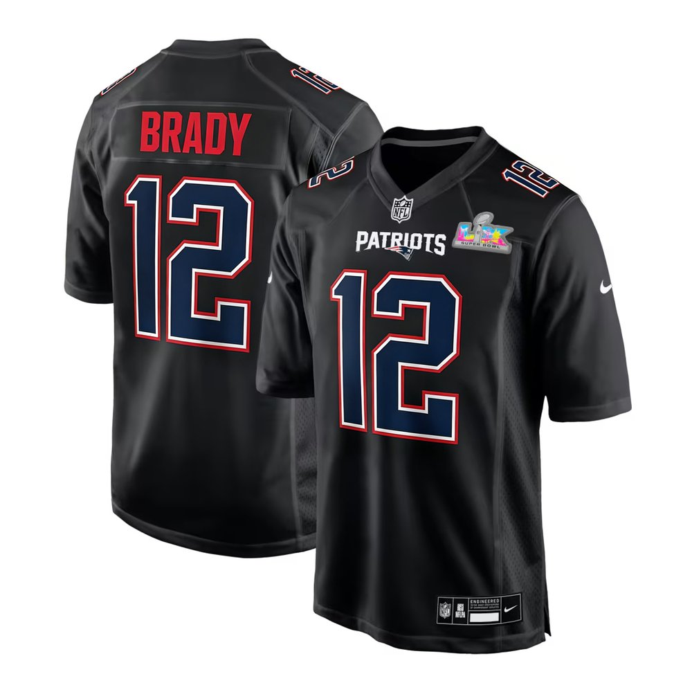 Men's New England Patriots #12 Tom Brady Black Super Bowl LX Patch Carbon Fashion Game Jersey Men's New England Patriots #12 Tom Brady Black Super Bowl LX Patch Carbon Fashion Game Jersey
