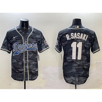 Men's Los Angeles Dodgers #11 Roki Sasaki Grey Camo With Patch Cool Base Stitched Baseball Jersey Men's Los Angeles Dodgers #11 Roki Sasaki Grey Camo With Patch Cool Base Stitched Baseball Jersey