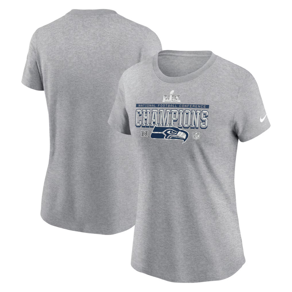 Women's Seattle Seahawks Nike Heather Gray 2025 NFC Champions Locker Room Trophy Collection T-Shirt Women's Seattle Seahawks Nike Heather Gray 2025 NFC Champions Locker Room Trophy Collection T-Shirt
