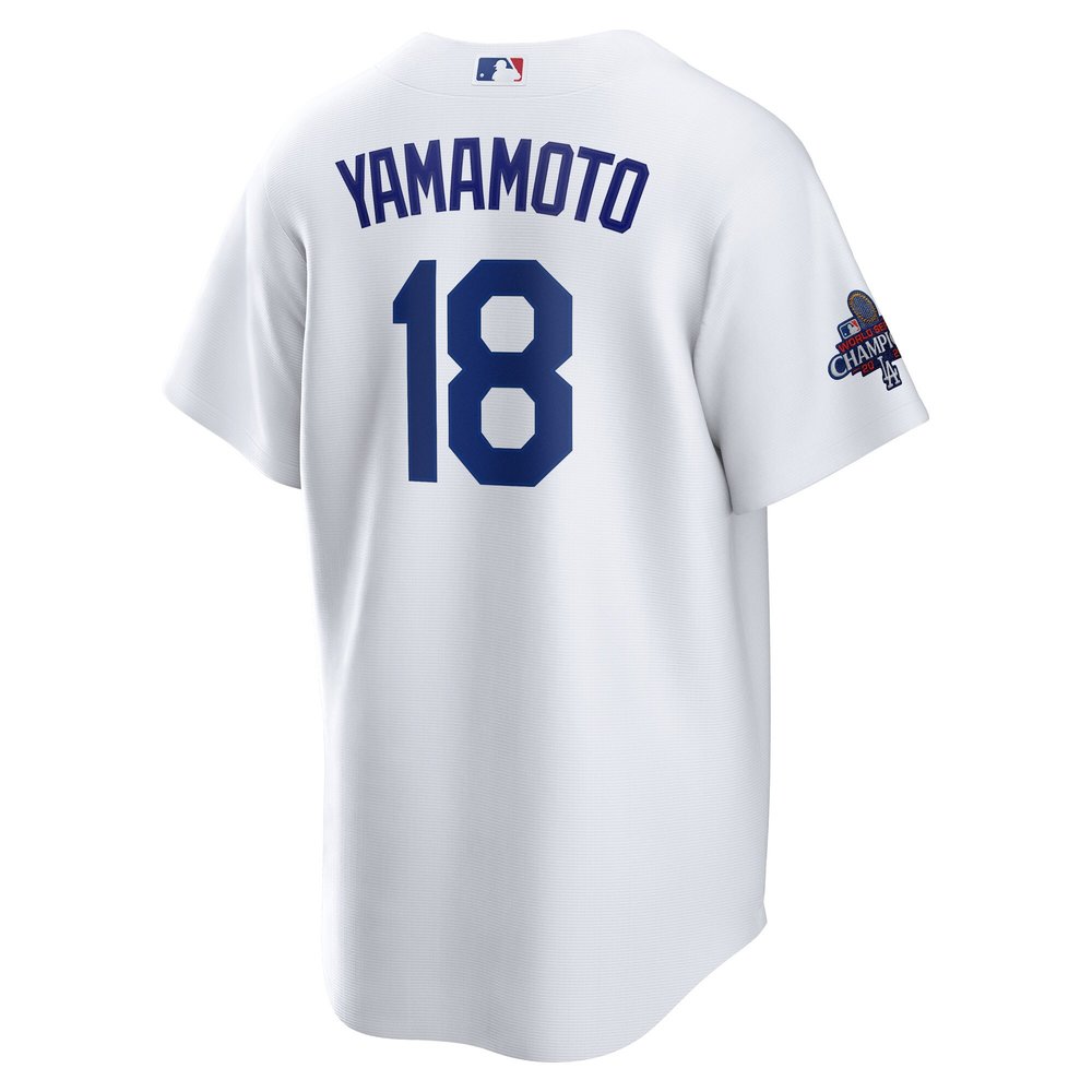 Men's Los Angeles Dodgers #18 Yoshinobu Yamamoto White 2024 World Series Champions Home Replica Player Jersey
