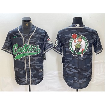 Men's Boston Celtics Gray Camo Team Big Logo With Patch Stitched Baseball Jersey Men's Boston Celtics Gray Camo Team Big Logo With Patch Stitched Baseball Jersey