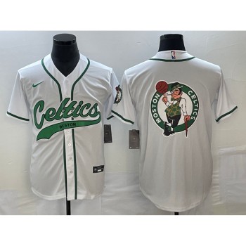 Men's Boston Celtics White Team Big Logo With Patch Stitched Baseball Jersey Men's Boston Celtics White Team Big Logo With Patch Stitched Baseball Jersey