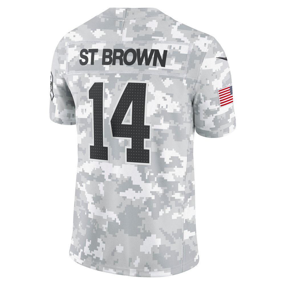 Men's Detroit Lions #14 Amon-Ra St. Brown Arctic Camo 2024 Salute to Service Limited Jersey Men's Detroit Lions #14 Amon-Ra St. Brown Arctic Camo 2024 Salute to Service Limited Jersey