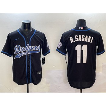 Men's Los Angeles Dodgers #11 Roki Sasaki Black With Patch Cool Base Stitched Baseball Jersey Men's Los Angeles Dodgers #11 Roki Sasaki Black With Patch Cool Base Stitched Baseball Jersey